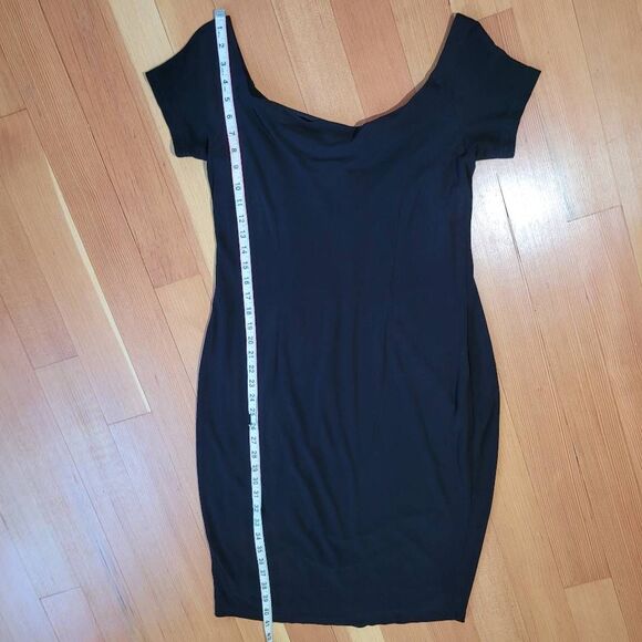 Vintage 90s large black off the shoulder midi dress slinky fabric goth minimalis - Picture 5 of 11